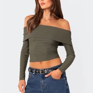 Olive green off shoulder fold over long sleeve crop top